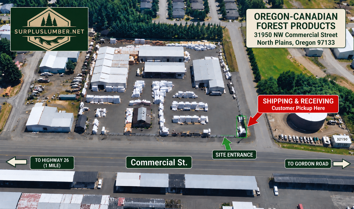Aerial map showing Oregon-Canadian Forest Products and customer pickup location in North Plains, Oregon